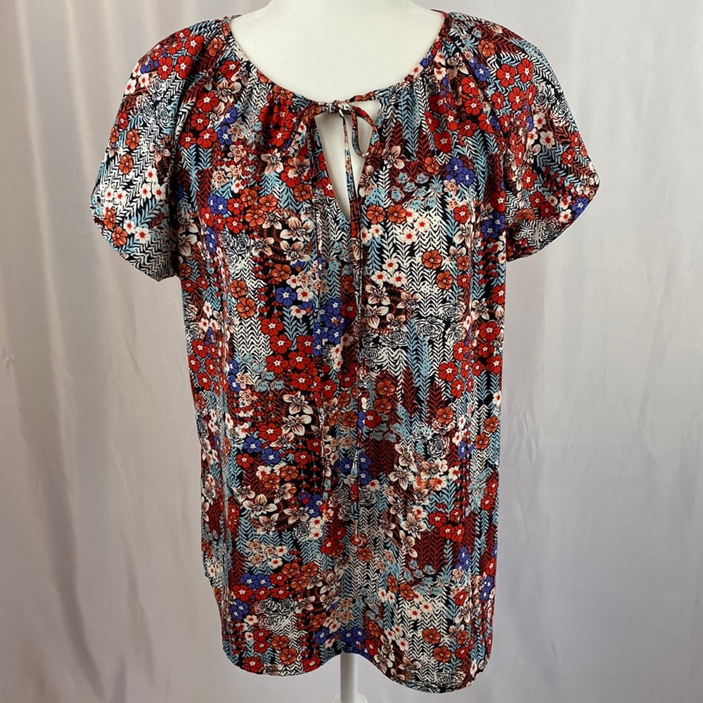 Floral Multi-Colored Blouse with Tie in Front at Neckline, Size M.